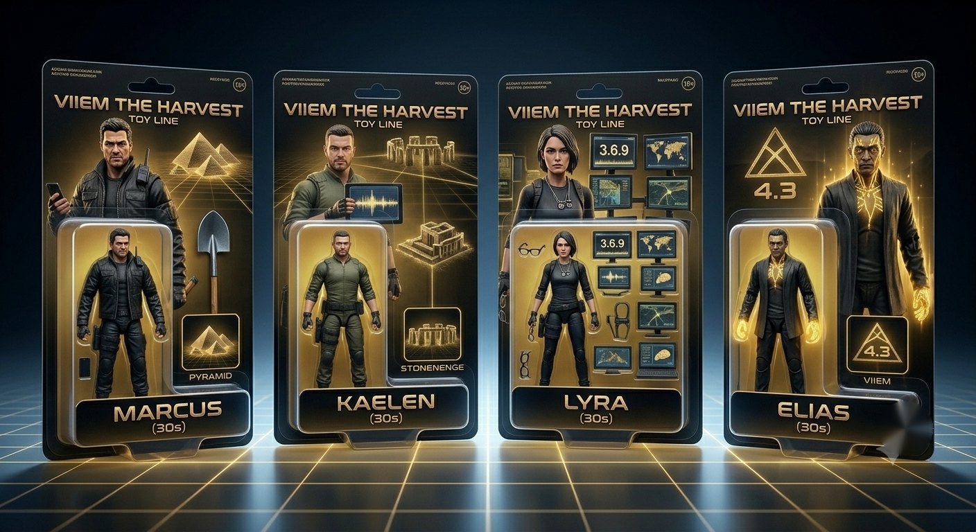 VIIEM character figures: Marcus, Kaelen, Lyra and Elias